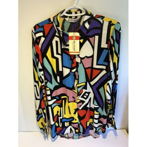VTG Big Dart Women's Multi-Color Blouse 90s Retro Geometric Button Down UK 14